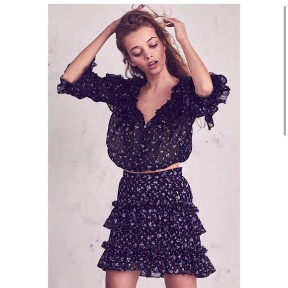 LoveShackFancy Black Ruffle Popover Floral blouse in Black Jardin Size Small - Picture 5 of 14